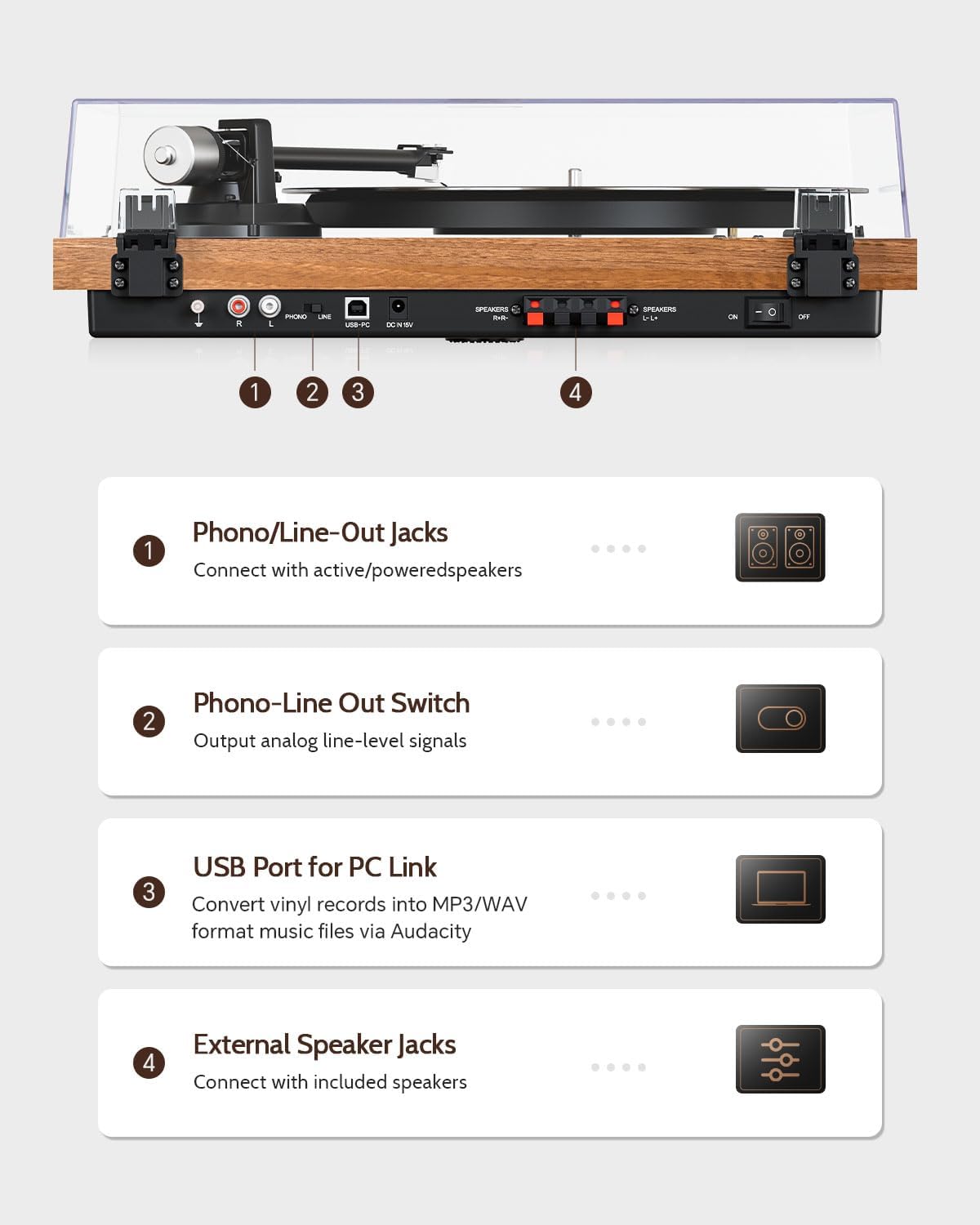 1 by ONE Bluetooth Turntable HiFi System with 36 Watt Bookshelf Speakers, Patend Designed Vinyl Record Player with Magnetic Cartridge, Bluetooth Playback and Auto Off
