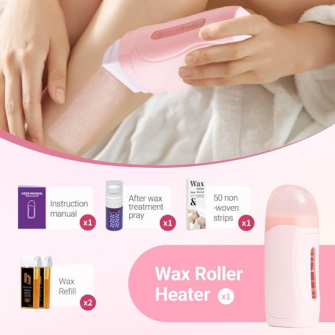 Roll-On Wax Kit for Hair Removal, Roll on Waxing Kit for Women, At-Home Wax Warmer Kit with Hard Wax Refill, Honey Formula Gentle on Skin, Portable Gift for Body Legs Arms-Honey