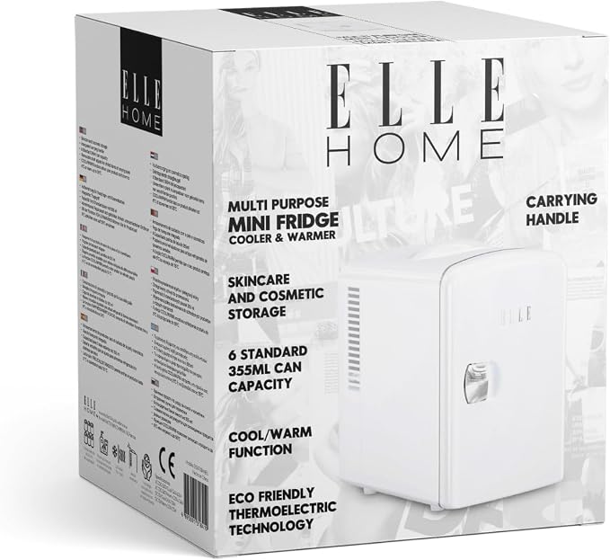 ELLE Multi Purpose 4L Mini Fridge Cooler and Warmer with Cool and Warm Function Removable Shelf Carrying Handle AC DC Power Options for Car Office Bedroom 6 Can Capacity White