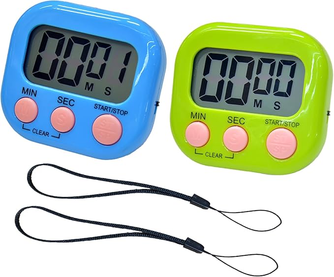 2 Pack Small Digital Kitchen Timer Magnetic Back and On/Off, Classroom Timers for Teachers Kids, Count Up Count Down Loud Alarm Stop Memory Function for Cooking Study Work Exercise (1, Blue+Green)