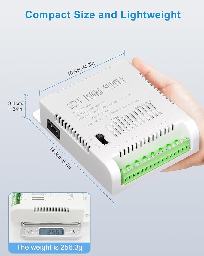ALITOVE 12V CCTV Power Supply 8 Channel Security Camera Power Distribution Box DC 12 Volt 5A 60W Voltage Adjustable 12V 13.5V 15V AC Adapter 100-240V 50-60Hz for DVR NVR Camera, LED Strip Light