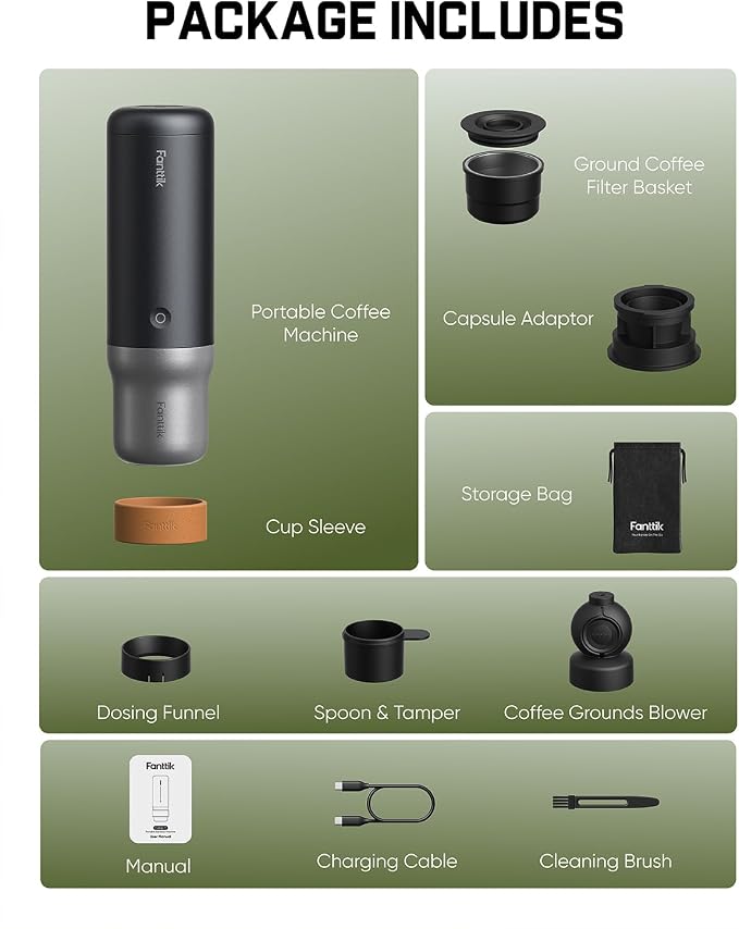 Fanttik Cafein 11 Portable Coffee Machine, Self-Heating Electric Espresso Machine with USB-C, 20 Bar Coffee Maker for Travel, Hiking, Gym and Office