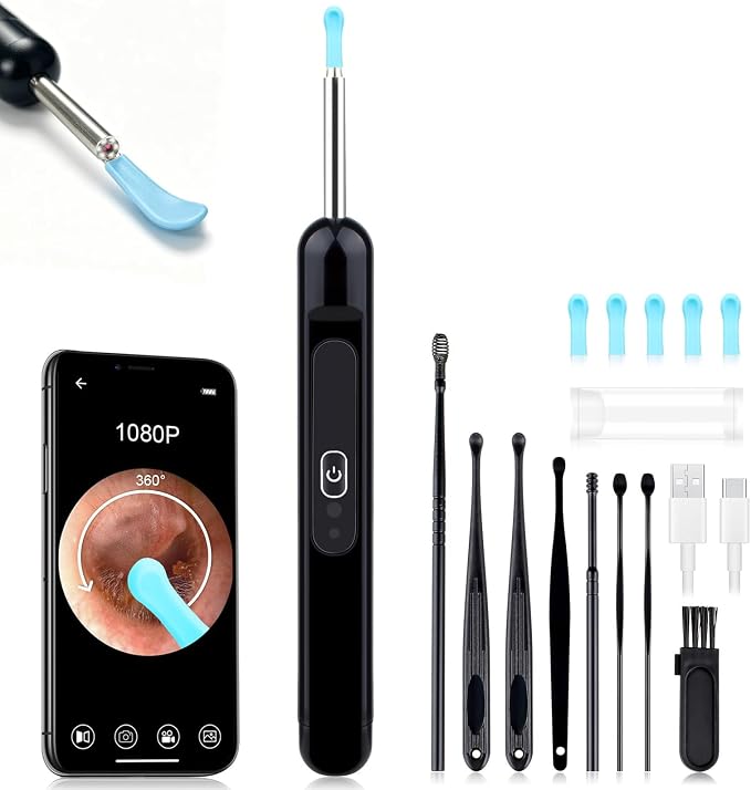 Ear Wax Removal, Ear Wax Removal Kit Tools with 6 LED Lights/IP67 Waterproof Lens/8 Traditional, Ear Cleaner with Camera 1080P HD USB Rechargeable Ear Picker Cleaning kit Black