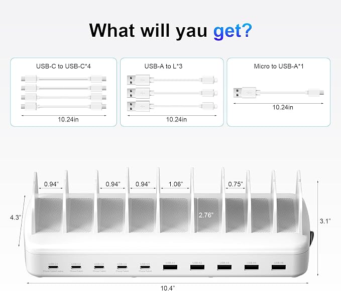 510W Fast Charging Station for Multiple Devices, 10 Port USB C Charger Station with Flame-Retardant Material & 8 Cables for iPhone, Android, iPad, Tablets, Family Office Desk Charging Dock Organizer