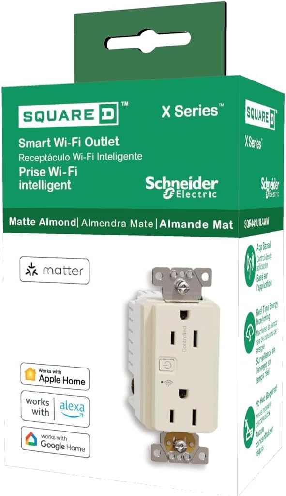 Square D by Schneider Electric X Series 15A 125V Wi-Fi Energy Monitoring Socket Outlet, Tamper Resistant, Matter Certified, Works with Alexa, Google Home, Apple Home, Matte Light Almond
