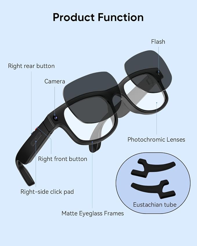 CJkao Smart Glasses with Camera, HD Camera Glasses, Video Recording, Voice Assistant Control Bluetooth Music ai Glasses for Teenager Men Women (G2-Black)