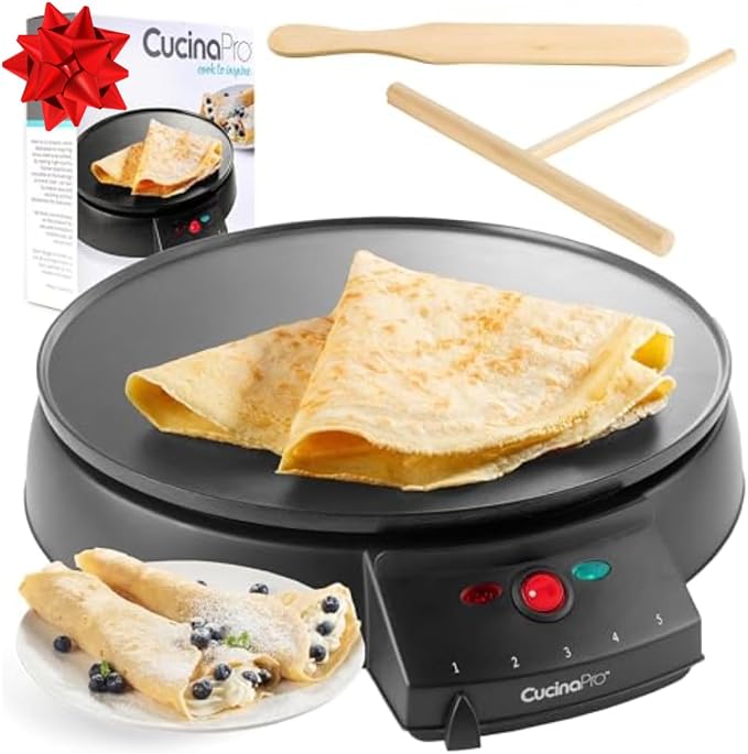 12" Griddle & Crepe Maker, Non-Stick Electric Crepe Pan with Batter Spreader & Recipe Guide- Dual Use Hot Plate for Breakfast Brunch, Blintzes, Eggs, Pancakes- Portable, Adjustable Temp Settings, Gift
