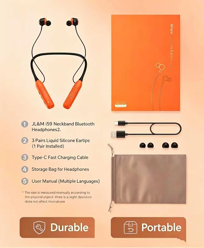 JL&MI Neckband Bluetooth Headphones, 1000H Extra Battery Life Magnetic Earbuds Noise Cancelling, 80H Playtime Running Headphones Around Neck with Mic, Wireless HiFi Stereo Earphones, Orange