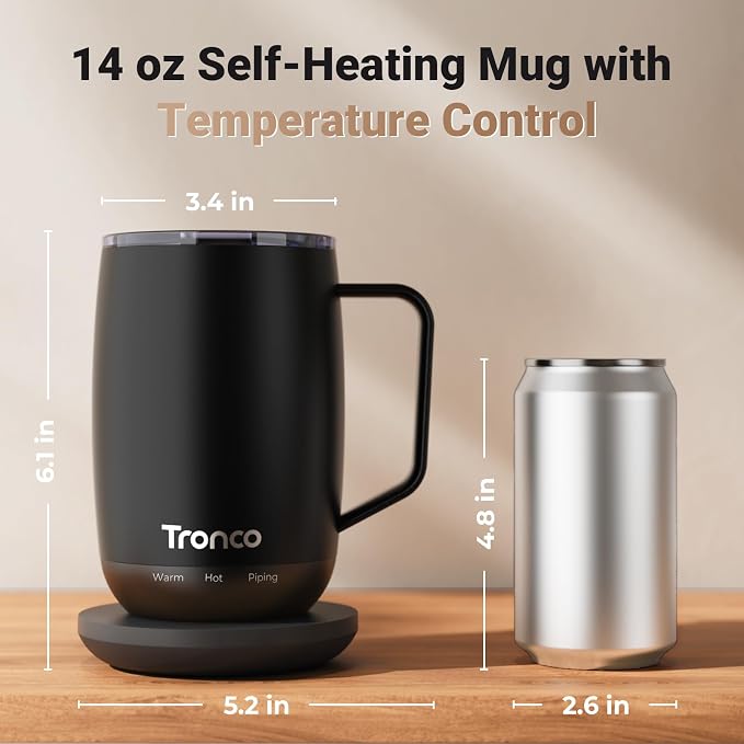 Tronco Temperature Control Heated Coffee Mug 14 oz – Rechargeable Self-Heating Coffee Cup with Lid – Manual Control, 3 Modes, 130 Min Battery Life, Auto Shut-Off (White)