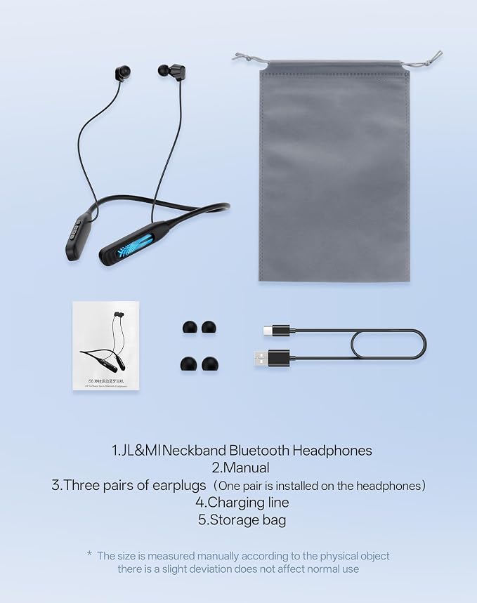 JL&MI Neckband Bluetooth Headphones, Wireless Sport Earphones with 80-Hour Battery and LED Display, Bluetooth 5.4 Magnetic Earbuds, Comfort Fit for Running, Gym, Travel,(Gray)