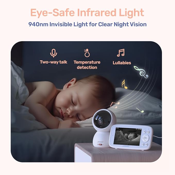 1080P WiFi Baby Monitor with Camera and Audio, Pan-Tilt-Zoom Video Camera, 4'' IPS Screen, HD Night Vision, Motion & Cry Detection, 360ยฐ View, Temperature Sensor, Feeding Reminder, Lullabies