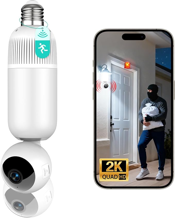 2K Light Bulb Security Cameras Outdoor Indoor - 355° Manual Pan / 110° Tilt Light Bulb Camera Wireless for Home Security with Color Night Vision, Motion Detection, SD/Cloud Storage, 2-Way Audio, Siren