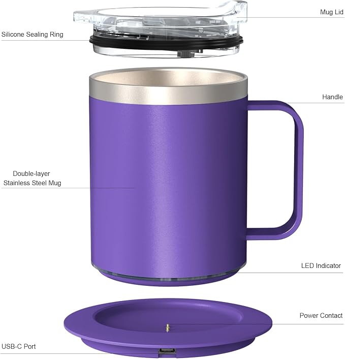 Coffee Warmer with Mug Set, Self Heating Coffee Mug with USB Powered, 131°F Temperature Control Cup(Purple-12oz)