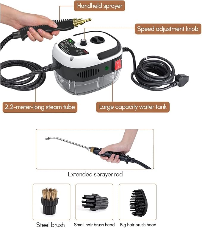 2500W Handheld Steam Cleaner High Temperature Pressurized Steam Cleaning Machine Portable Car Steamer with Brush Heads (White)