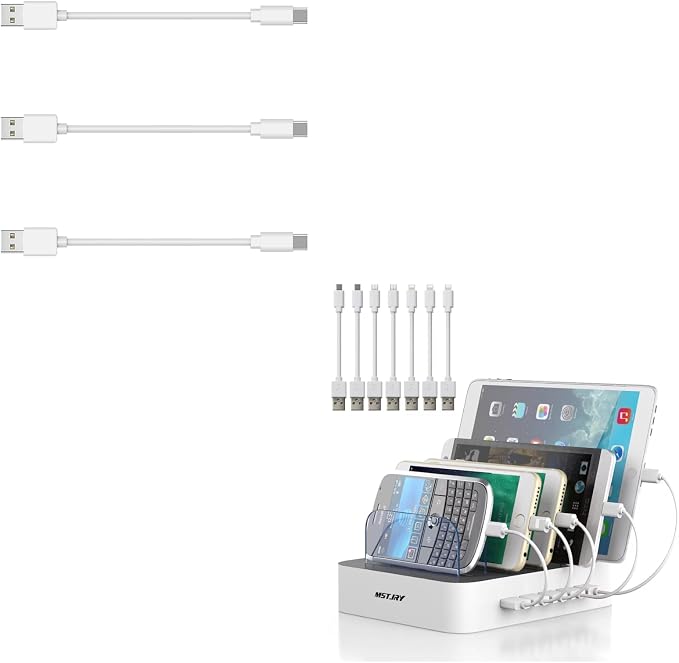 MSTJRY 5 Port Charging Station + 3 Pack 10 Inch USB-C Cables