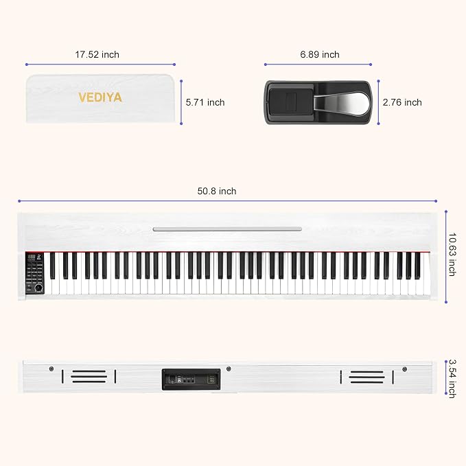Digital Piano Keyboard 88 key,Semi-Weighted Electric Piano,Full Size Acoustic Piano for Beginners with Pedal, USB-MIDI Compatibility (White)