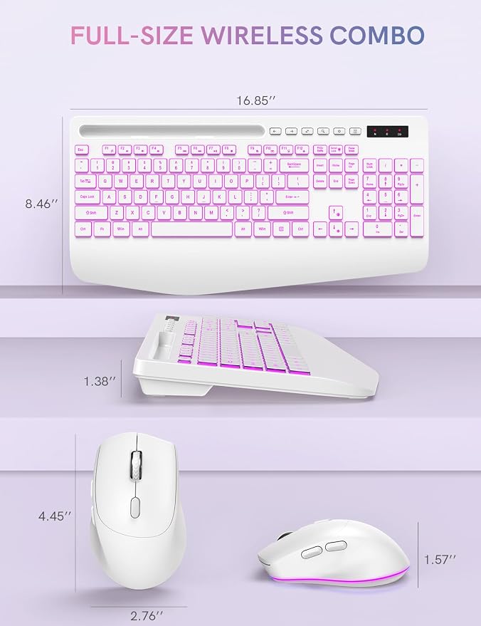 Trueque Wireless Keyboard and Mouse Combo, 4000mAh Rechargeable Backlit Keyboard with Wrist Rest & Phone Holder, Full Size Quiet Typing 2.4G USB-A/Type-C for PC Laptop Windows Mac (Cloud White)