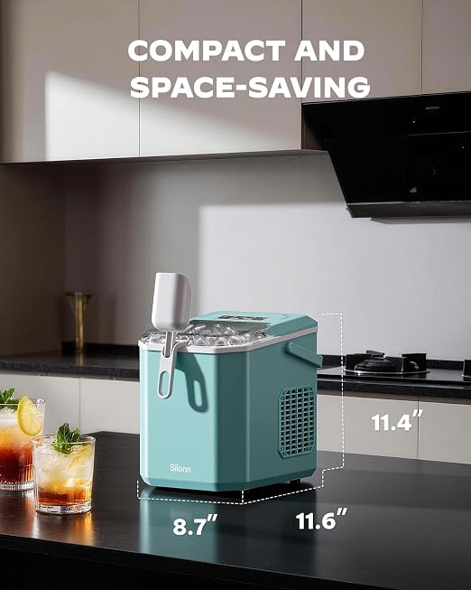 Silonn Ice Maker Countertop, Portable Ice Machine with Carry Handle, Self-Cleaning Ice Makers with Basket and Scoop, 9 Cubes in 6 Mins, 26 lbs per Day, Ideal for Home, Kitchen, Camping, RV