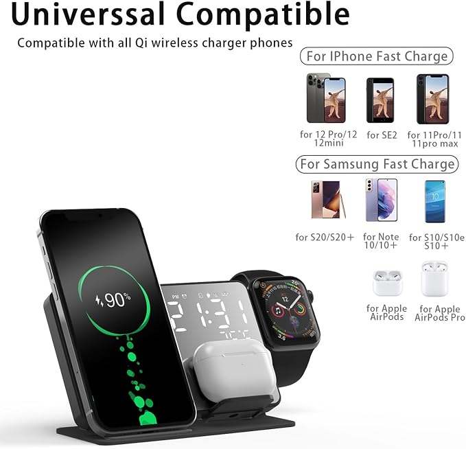 All-in-one Wireless Charger,Clock,Alarm,Calendar,Temperature Display,15W Fast Charging.Wirelessly Charge Phone,Watch,Earbuds simultaneously,Compatible with Qi-Enabled Devices,W669 Black.