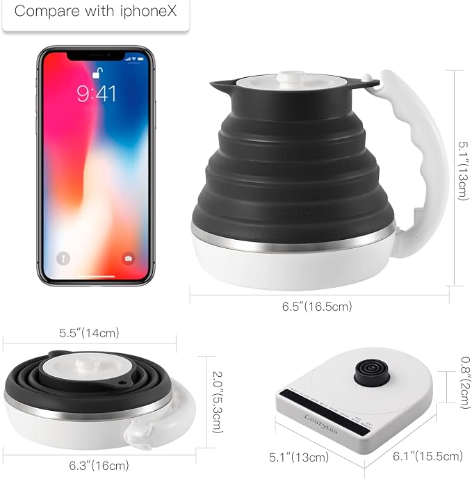 Ultrathin Food Grade Silicone Travel Foldable Electric Kettle Variable Temperature Control with Dual Voltage, Auto Shutoff & Boil Dry Protection & Keep Warm, 555ML 110-220V US Plug (Black)