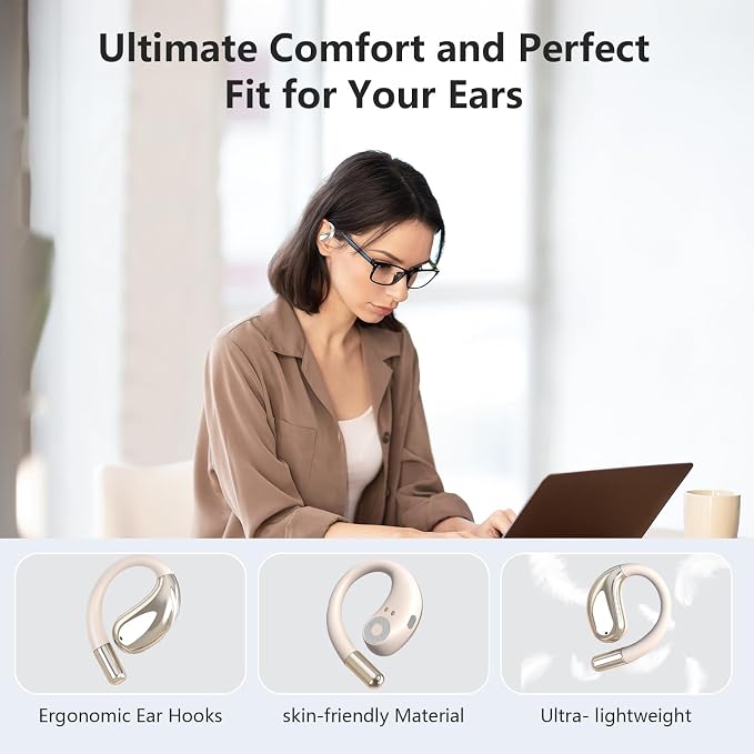 Open Ear Clip Wireless Earbuds Bone Conduction Headphones, Bluetooth 5.4, Open Ear Design for Running Fitness,IPX7 Waterproof,Office,Built-in Mic, Ear Hooks Ear Buds,Running,Workout ,Fit Cycling