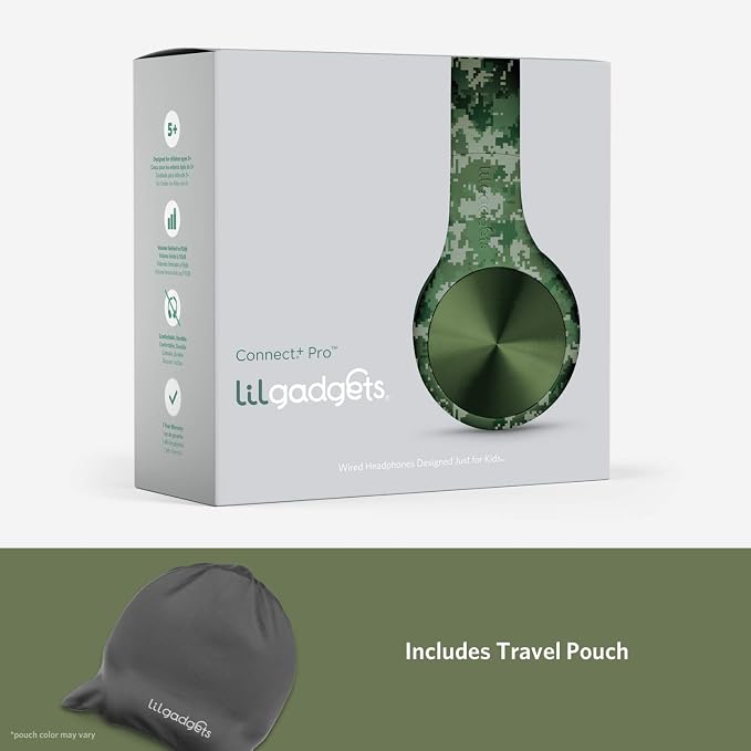 LilGadgets Connect+ Pro Wired Kids Headphones for School with Microphone, Volume Limiting Over-Ear Headset with Cord, SharePort Technology & SoftTouch Padding, Green Digital Camo