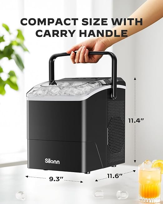 Silonn Countertop Ice Maker, 26 lbs/Day Fast Ice in 6 Mins, Self-Cleaning Compact Ice Machine for Home Kitchen Office Parties, Black