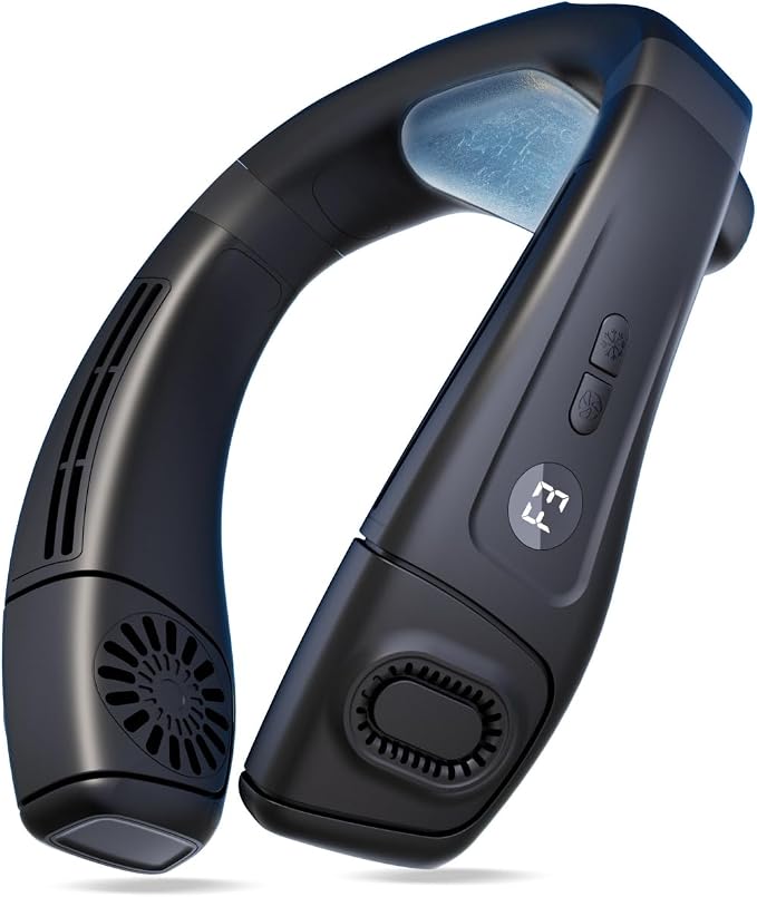 Neck Fan 5200mAh Portable Neck Air Conditioner with Cooling Plate | Features 6 adjustable levels and 360° airflow. Fast cooling rechargeable wearable personal fan for men and women.