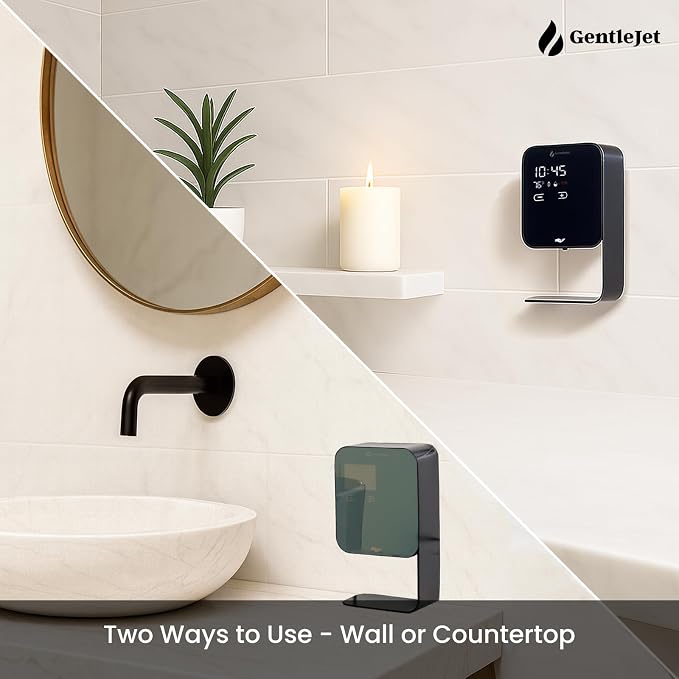 GentleJet LuxeJet Automatic Foaming Soap Dispenser Touchless Sensor, LED Display, 5 Foam Levels, Wall Mount or Countertop, Rechargable USB-C or Battery Powered, Aluminum Alloy, 480 ml Refillable