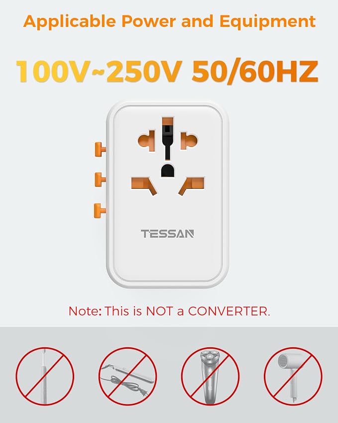 TESSAN Universal Travel Adapter Worldwide, GaN 65W International Plug Adaptor with 3 USB C 2 USB A Ports, World Power Outlet for European USA UK Australia Ireland(Type C/G/A/I)
