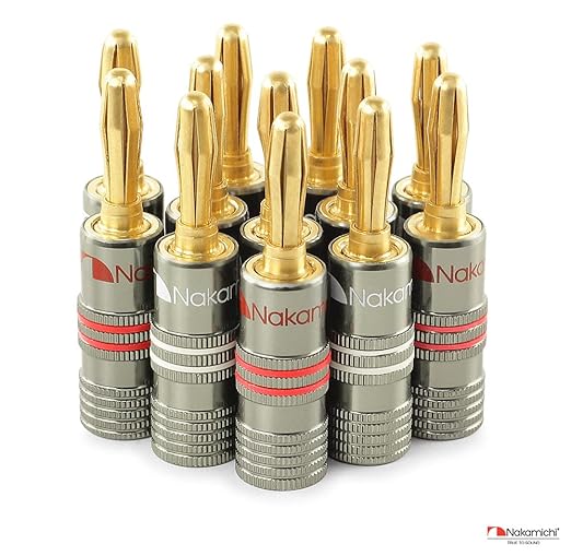 Nakamichi Ultimate Series 24K Gold Plated Beryllium Red Copper Banana Plug 12-18 AWG Gauge Size 4mm Connector for Speakers Wire Amplifiers Hi-Fi Sound Systems (8 Pcs (4-Pairs), Banana Plugs)