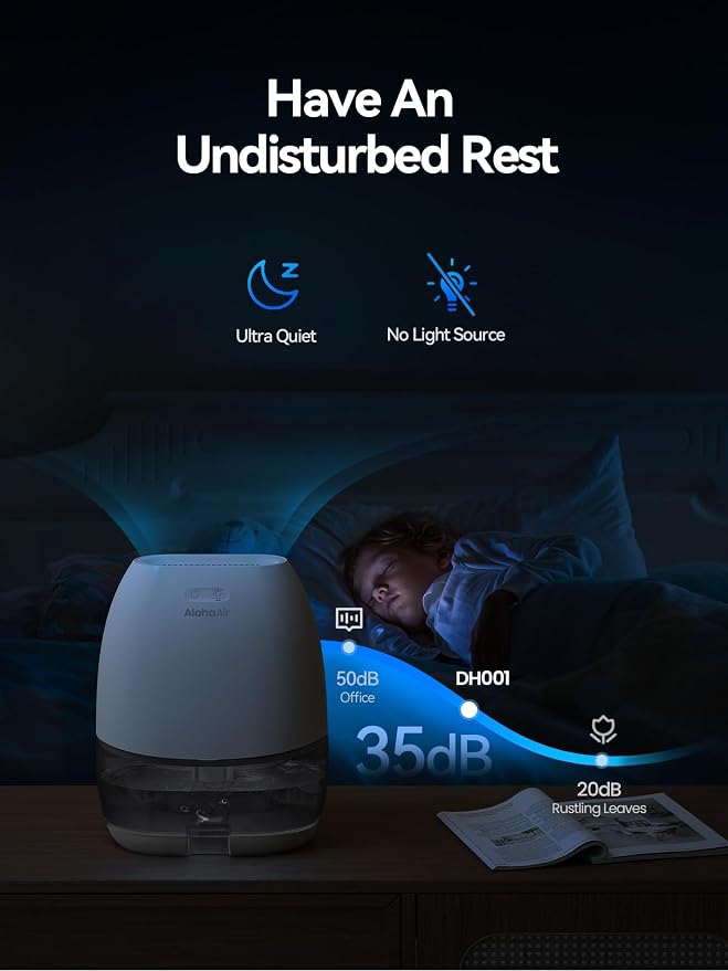 Dehumidifier, AlohaAir 34 OZ Small Dehumidifiers for Home and Room, Quiet with 7 Colors Night Light, Auto Shut Off, Dehumidifiers for Bedroom, Bathroom, RV, and Closet