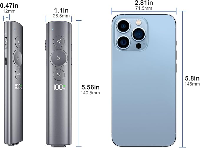 Rechargeable Presentation Clicker with Green Laser Pointer for PowerPoint, Power Display Wireless Presenter Remote with USB-A & USB-C Dongle, Slide Advancer for Mac, Windows, Laptop, Classroom, Office