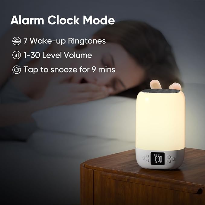Night Light Bluetooth Speaker Alarm Clock, Sound Machine with White Noise, Touch Bedside Lamp for Bedroom, Dimmable Warm Light, 8 RGB Color Changing, Ideal Gift for 10-15 Year Old Teenage Boys Girls