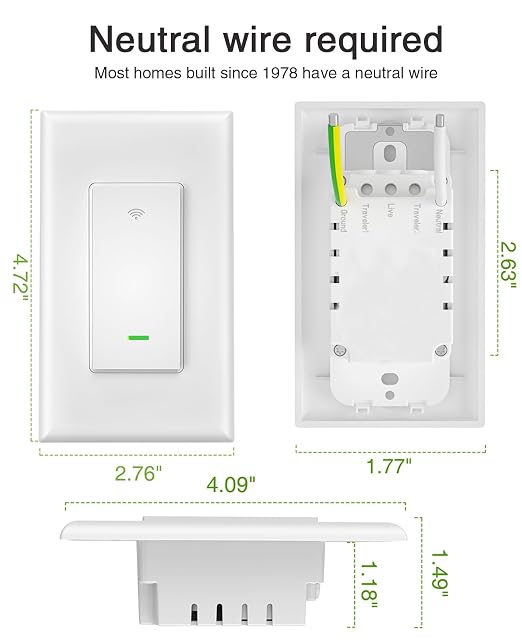 GHome Smart Switch, 3 Way Wi-Fi Light Switch Compatible with Alexa and Google Home, 2.4GHz Schedule Timer, Neutral Wire Required, 3-Way Installation, FCC Listed (4-Pack), White
