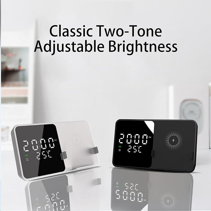Multi-Function Wireless Charging Station with Digital Clock & Thermometer, 15W Fast Qi-Certified Charger, Alarm Clock, Fixed Stand Compatible with All Qi-Enabled Phones-W5 White