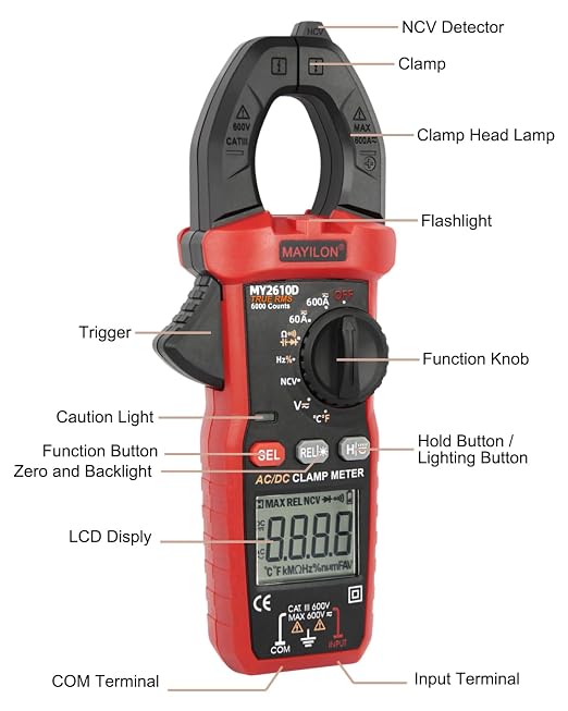 Digital Clamp Meter, Multimeter TRMS 6000 Counts Amp Volt Meter Auto-ranging Measures AC/DC Voltage, AC/DC Current Capacitance NCV Frequency Live Wire Resistance Diode Temperature Continuity MY2610D