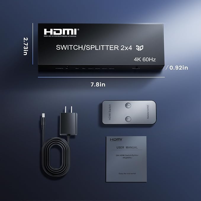 4K@60Hz HDMI Switch Splitter 2 in 4 Out with Remote, avedio Links 2x4 HDMI Splitter Switcher 4K with SPDIF & 3.5mm Audio,Support 4K,3D,1080p,HDCP2.2,HDR 10 for PS5/4,Xbox,Fire Stick,etc