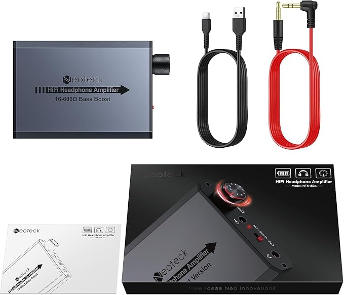 Neoteck 3.5mm Headphone Amp with Bass Boost Portable HiFi Headphone Amplifier, 16-600 Ohm,Aluminum Matte Surface for Mac,Phones,iPad,MP3,MP4 Computers PS4 PS5 Controller-Dark Grey
