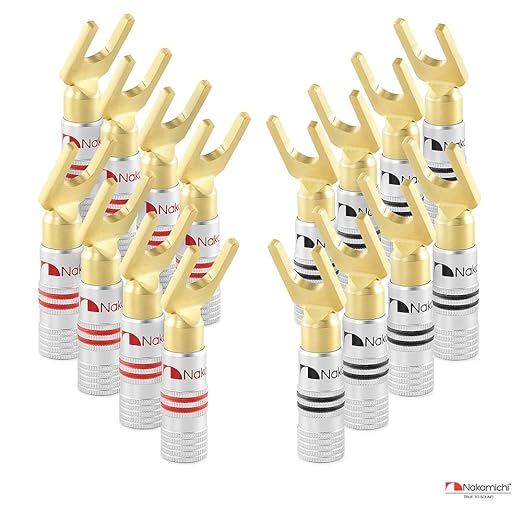 Nakamichi Excel Series 24k Gold Plated Spade Y Banana Plug 12-18 AWG Gauge Size 4mm for Speakers Amplifier Hi-Fi AV Stereo Home Theatre Audio Wire Cable Screw Connector, 2 Pcs (1-Pair)