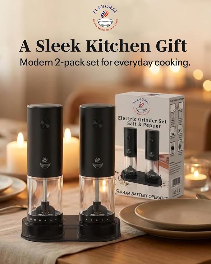 Electric Salt and Pepper Grinder Set - Black 2 Pack Battery Operated Mills with 95ml Large Capacity, Adjustable Coarseness, Built-in LED Light, Automatic Salt & Pepper Shakers for Kitchen