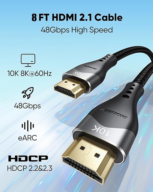 HDMI Cable 8FT 2-Pack 10K 8K 4K, HDMI 2.1 Cable 48Gbps Ultra High Speed HDMI Braided Cord 8K@60Hz, 4K@120Hz, eARC, HDR10+, HDCP2.3 for PS5/PS4, Xbox, Monitor, HDTV, Roku TV, Laptop, Projector