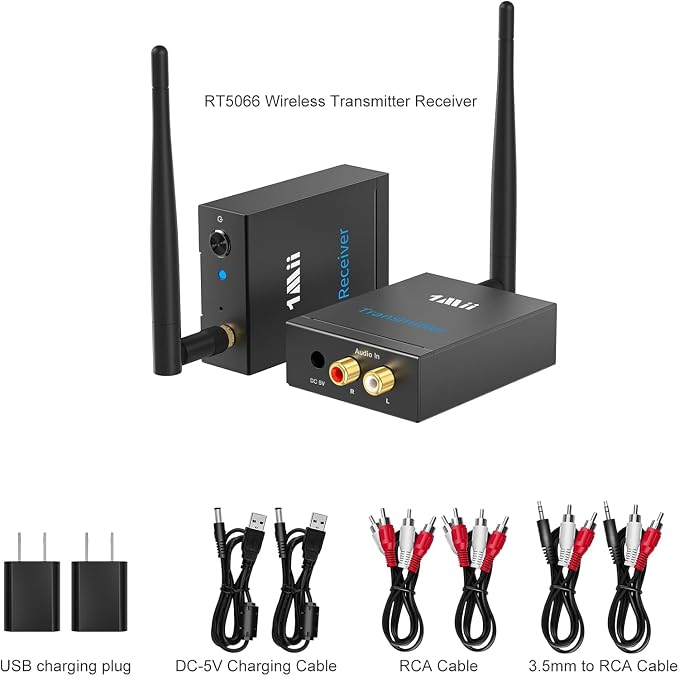 1Mii 2.4Ghz (1 TX + 1 RX) Wireless Audio Transmitter Receiver for TV, 320ft Long Range 20ms Low Delay HiFi Audio, Wireless Adapter Kit for Powered Speaker/Stereo, RCA(3.5mm AUX) Out/Input