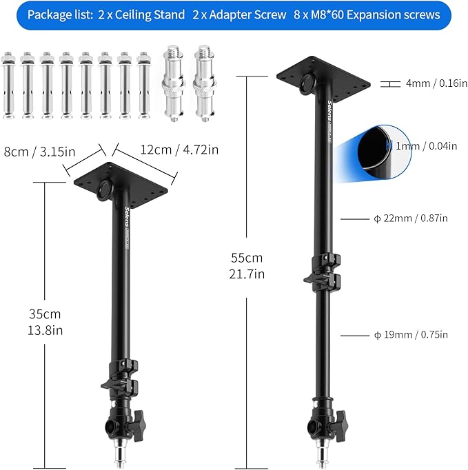 Meking Photography Camera Wall Mount Boom Arm, Ceiling Wall Mounting Up to 22inch for Photo Video Studio Strobe Light, Softbox, Overhead Mount, with 3/8 1/4 Thread, 2 Pack