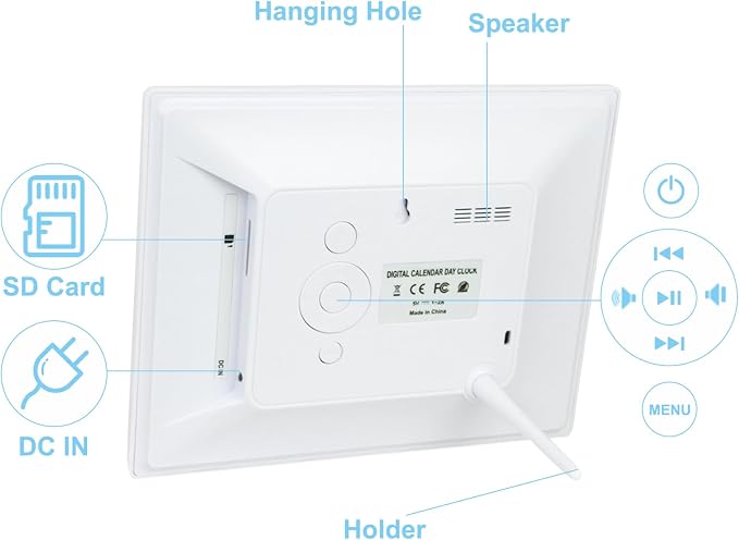 TMC 8 Inch Digital Dementia Clock for Seniors, Large Calendar with Day Date & Week Display, 5 Alarms + 3 Medicine Reminders, Plays SD Card Video, Wall Mountable, Detachable Stand (White, SD)