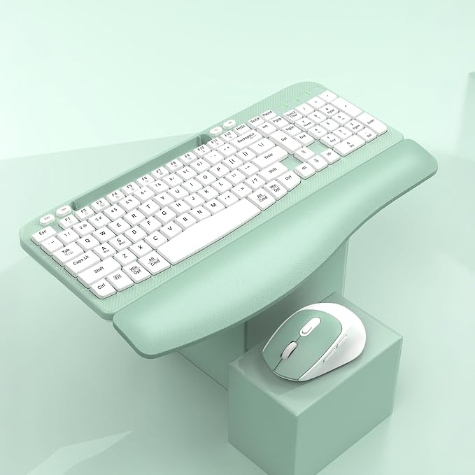 Wireless Keyboard and Mouse Combo, Full-Sized Ergonomic Wave Keys Keyboard with Memory Foam Wrist Rest & Phone Holder, 2.4G Quiet Keyboard Mouse Work Setup for PC Laptop, Office or Home (Mint Green)