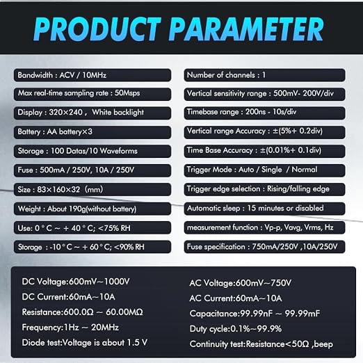 Portable Digital Multimeter Oscilloscope Automotive | 10MHz bandwidth. 50Msps sampling rate. 6000 counts display. Built in 250V explosion proof fuse. Stores 100 data sets.