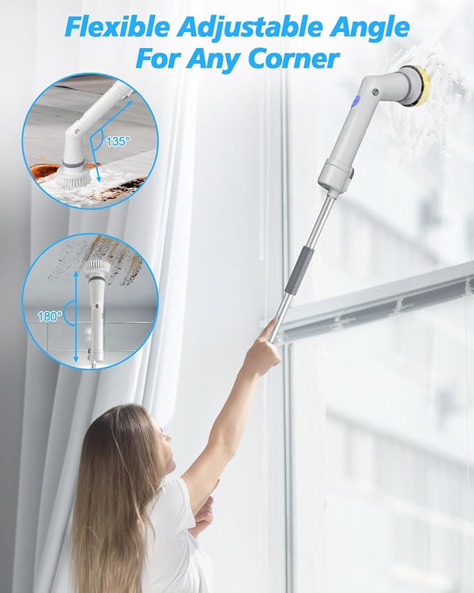 Electric Spin Scrubber Cordless,Power Scrubber Shower Cleaning Brush 400rpm,Bathroom Scrubber with 6 Replaceable Drill Brush Head, Adjustable Long Handle IPX6 for Clean Tile Tub Grout Toilet Car