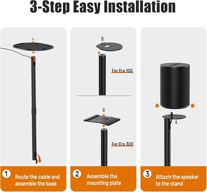 Speaker Stands for Sonos Era 100 & Era 300, 26”-43” Height Adjustable Floor Stand, Dual-Mount Base Surround Sound Speaker Mount with Cable Management for Home Theater, Pair (2 Pack)