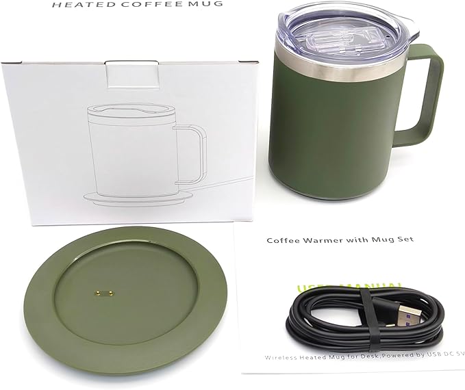 Self Heating Coffee Mug, USB Heating Mug with Sliding Lid, 131°F Coffee Warmer for Desk Home & Office (Green-12oz)